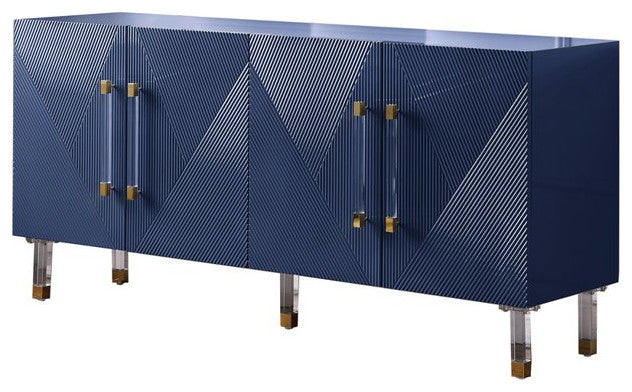 Elegant Sideboard, Geometric Doors & Acrylic Pulls With Golden Accents, Navy
