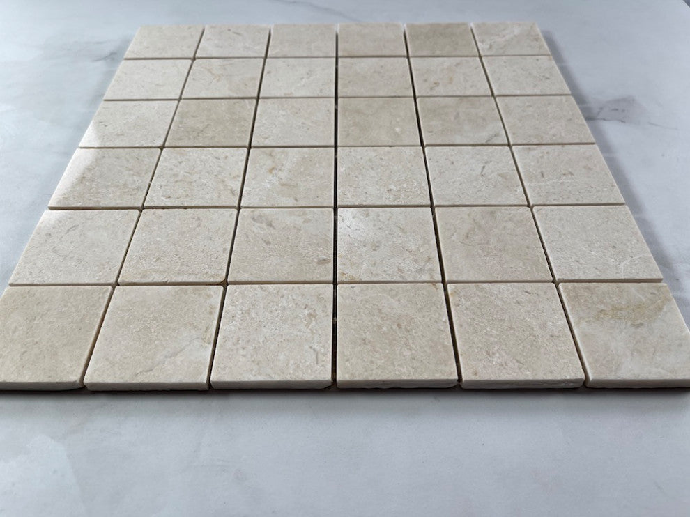 Crema Marfil Beige Marble 2x2 Grid Square Mosaic Tile Polished, 1 sheet