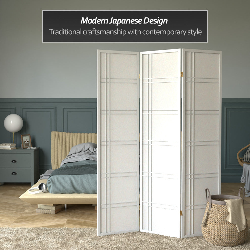 6' Tall Double Cross Shoji Screen, White, 3 Panels