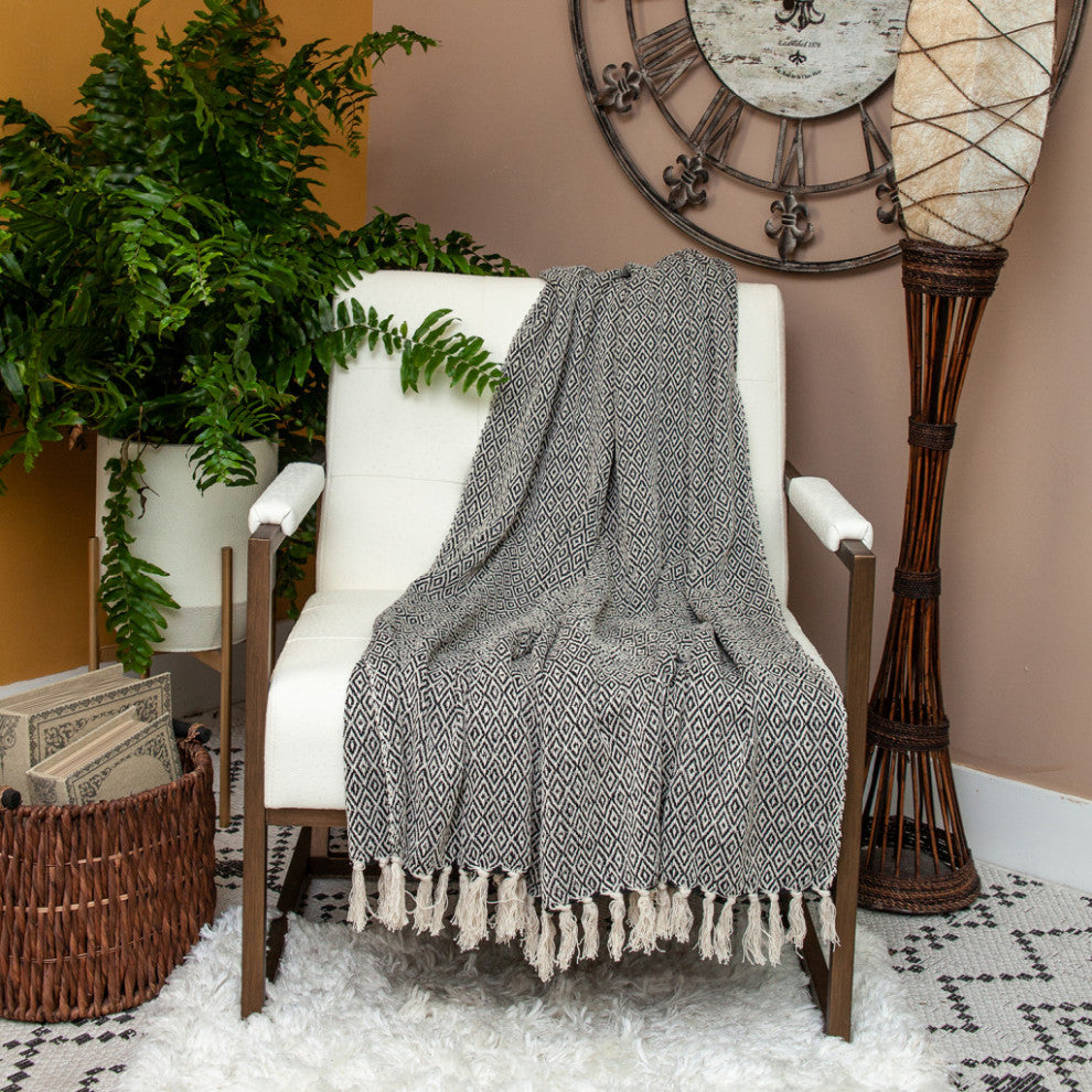 Boho Black and Beige Woven Diamond Pattern Throw With Tassels