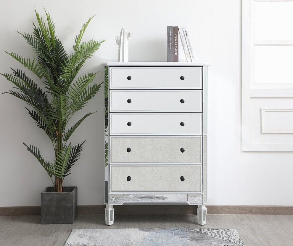 Elegant MF6-1026AW 33"Mirrored 5 Drawer Chest, Antique White