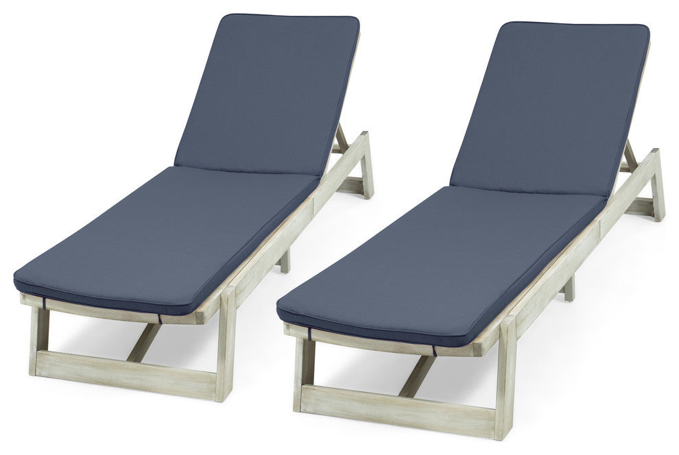 Tina Outdoor Acacia Wood Chaise Lounge and Cushion Sets, Set of 2, Gray