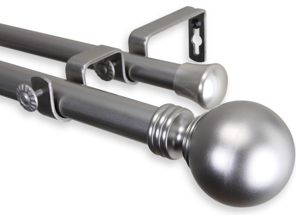 Globe Double Curtain Rod, Satin Nickel, 120-170"