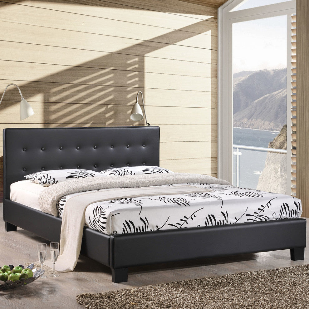 Modern Contemporary King Size Vinyl Bed Frame, Black Fabric