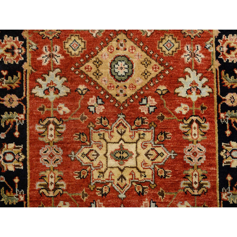 Red and Black, Hand Knotted Karajeh Design, Pure Wool Runner Rug, 2'9"x12'0"