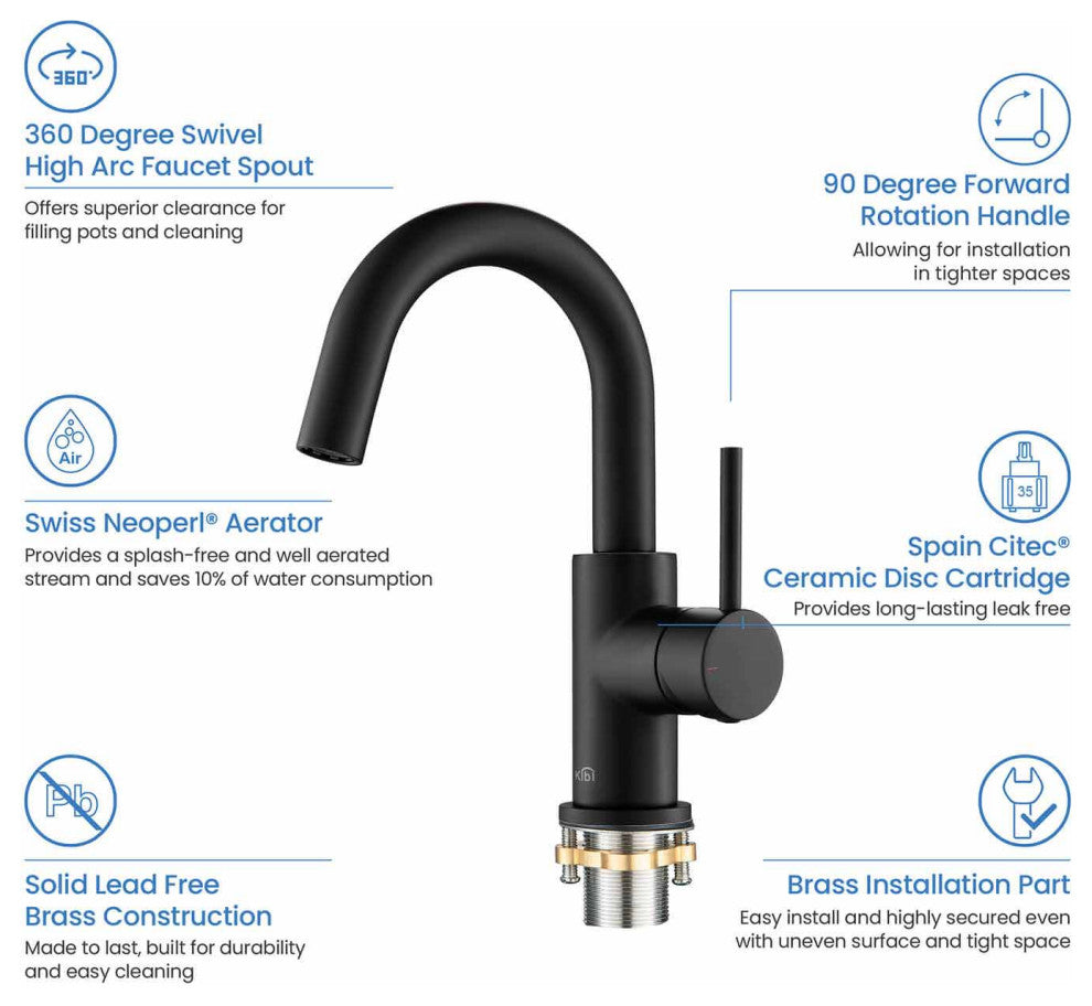 Circular Single Handle High-arc Bathroom Sink Faucet With Drain, Matte Black