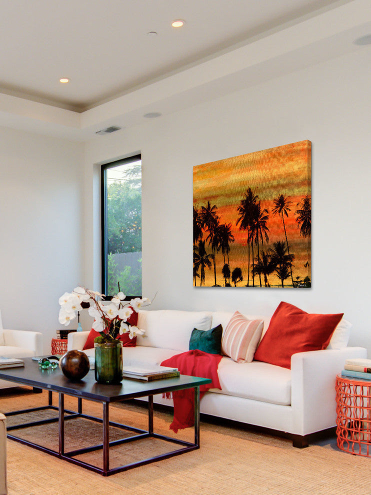"Palms Against Gold Sky" Fine Art Canvas Print, 48"x48"