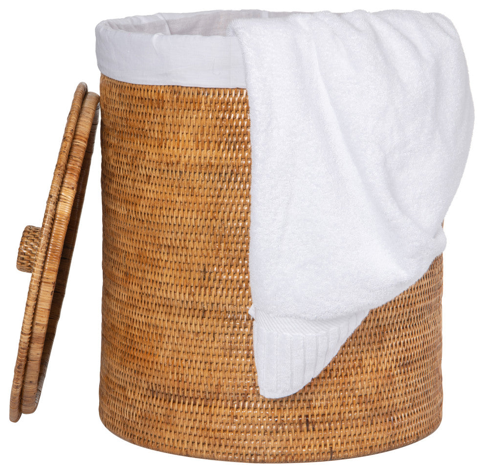 Round Rattan Hamper, Laundry Basket, Liner, Lid, 1 Large Load, Honey-Brown