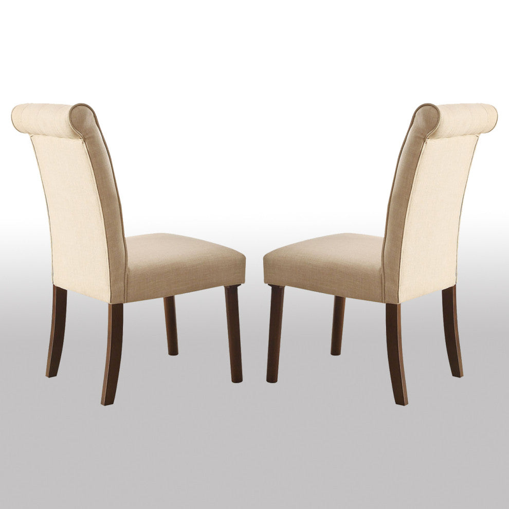 Set of 2 Beige Linen Upholstered Side Chair, Walnut Finish