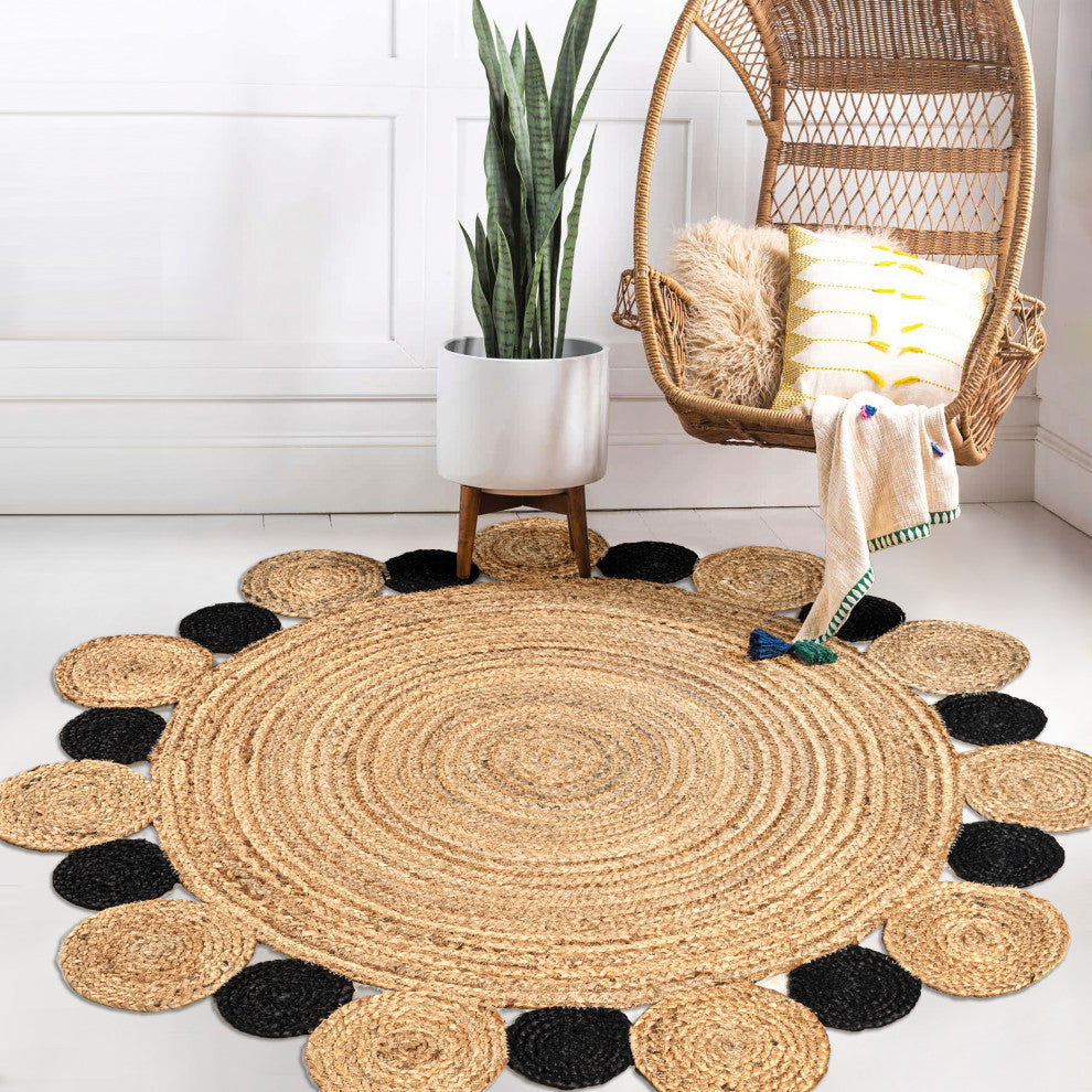 Ayana Two-Tone Jute Hippy Circle Round Area Rug, Natural/Black, 4' Round