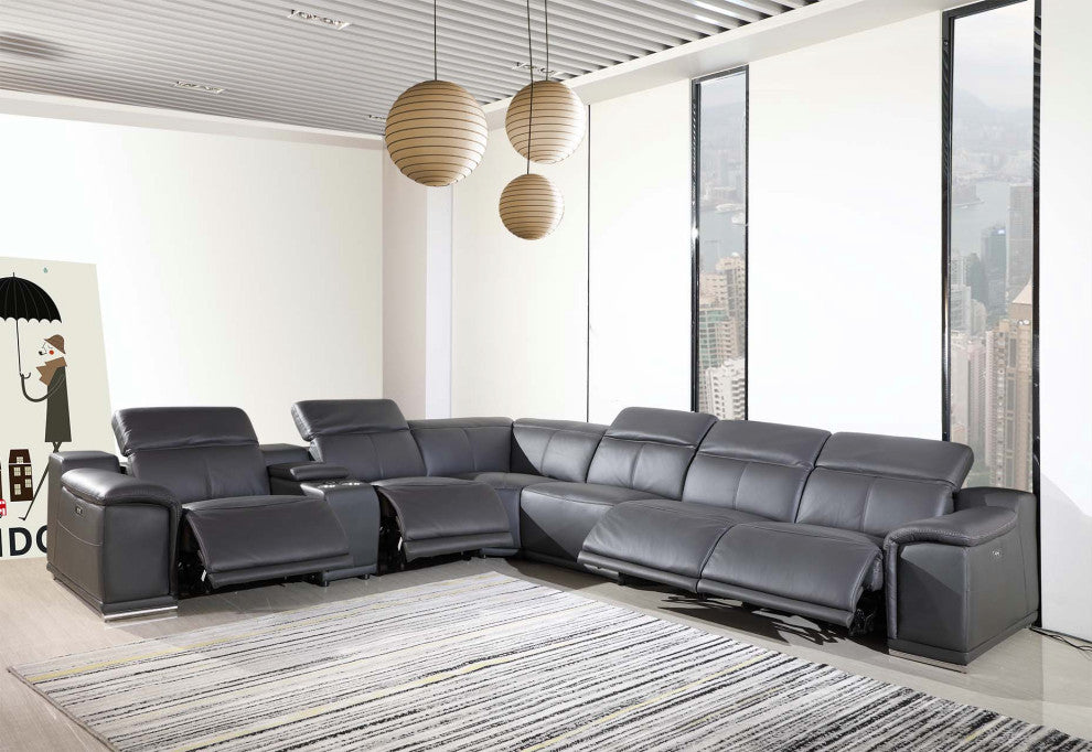 Federico 7-Piece L-Shaped Top Grain Italian Leather Sectional-4 Power Recliners, Gray