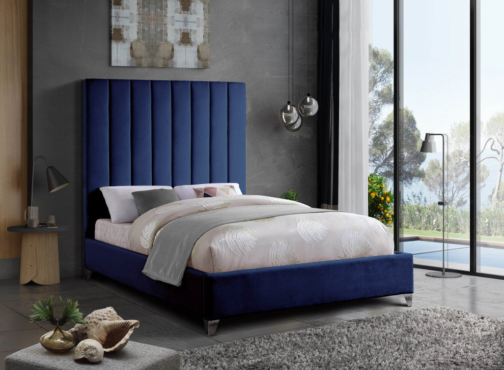 Via Velvet Upholstered Bed, Navy, Queen