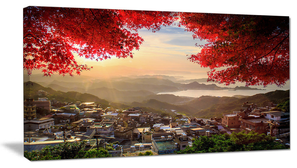 Taiwan Township with Red Trees, Large Landscape Canvas Art, 32"x16"