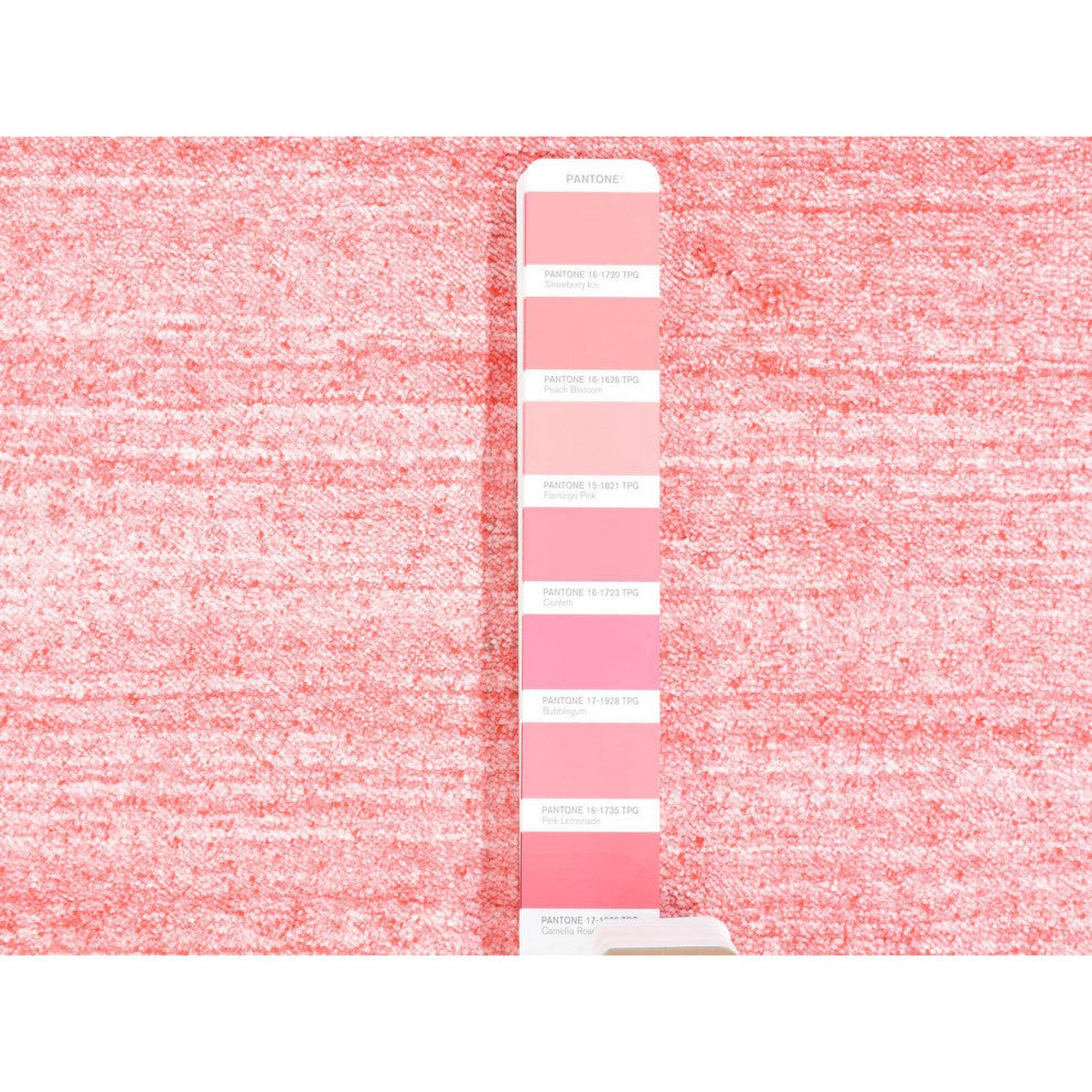 Pink, Modern Grass Design, Wool and Silk Hand Loomed XL Runner Rug, 2'6"x17'9"