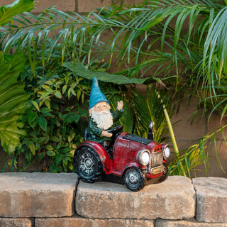 Solar Red Tractor Riding Gnome with Cool White LED Lights