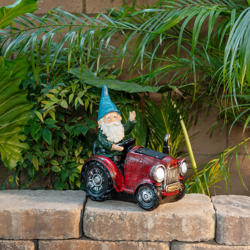 Solar Red Tractor Riding Gnome with Cool White LED Lights