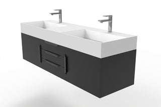 CastelloUSA Amazon 60" Wall Mounted Bathroom Vanity Set, Black, White Top, Black Handles