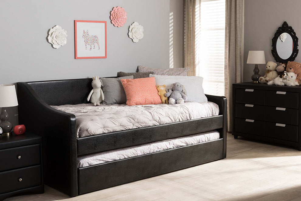 Abby Fabric Upholstered Daybed With Trundle Bed, Black