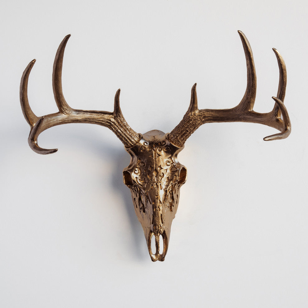 Faux Deer Skull Native American Carving Wall Decor, Bronze