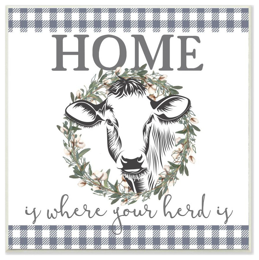Home Herd Cow Animal Farm Rustic Blue Word Design, 12"x12"