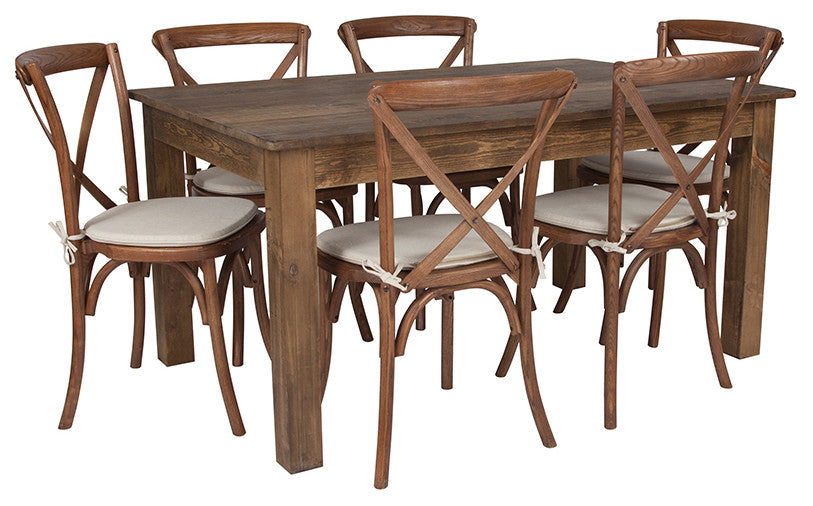 60" x 38" Antique Rustic Farm Table Set with 6 Cross Back Chairs and Cushions