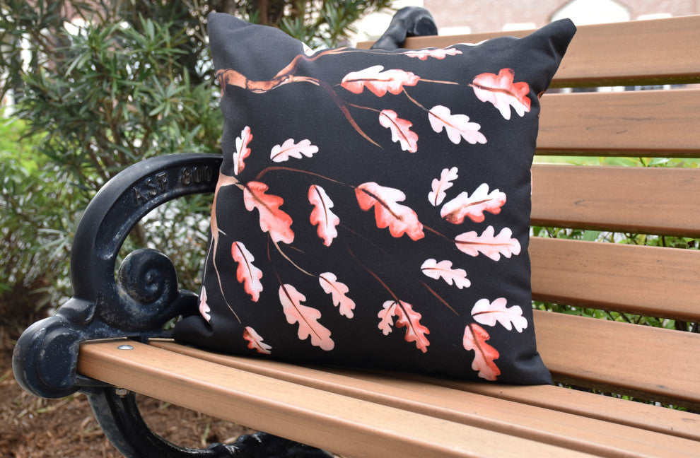 Wild Oak Branch Black Floral Print Outdoor Decorative Throw Pillow, 20"