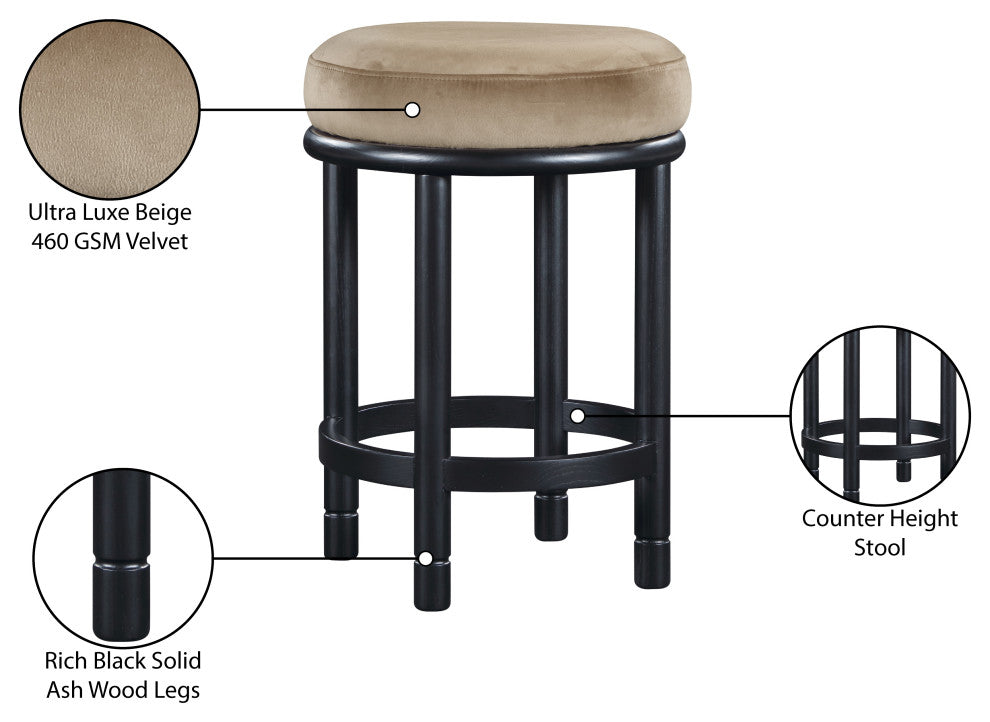 Monette Upholstered Bar and Counter Stool, Beige, Velvet, Black Finish
