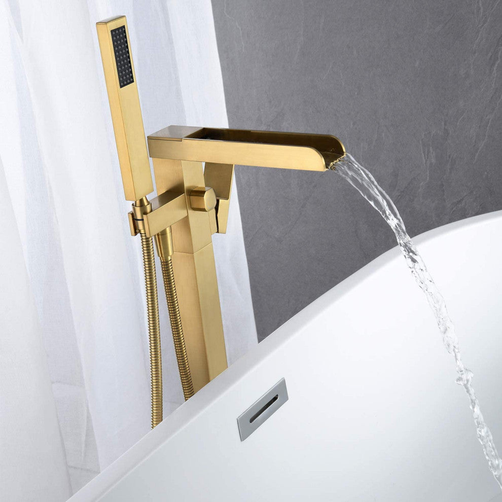 Single Handle Floor Mounted Freestanding Tub Filler with Hand Shower, Brushed Go