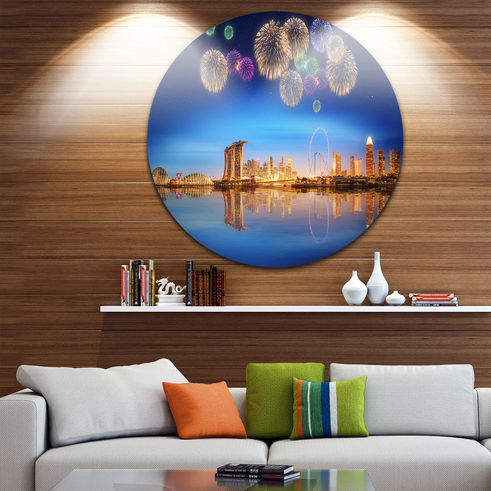 Singapore Skyline, Cityscape Photography Round Metal Wall Art, 11"