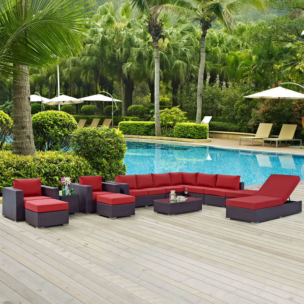 Modway Convene 12 Piece Outdoor Patio Sectional Set, Espresso Red