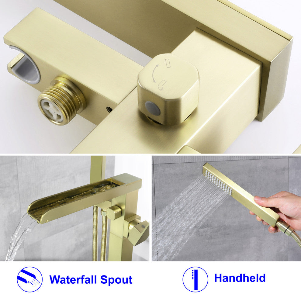 Waterfall Floor Mounted Tub Faucet With Hand Held Shower, Brushed Gold