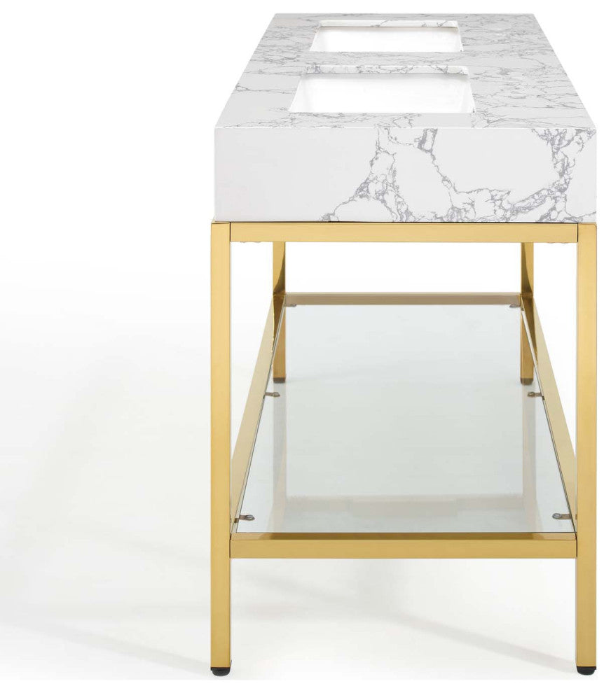 Sink Vanity Cabinet, Artificial Marble, Metal, Gold White, Modern, Bathroom