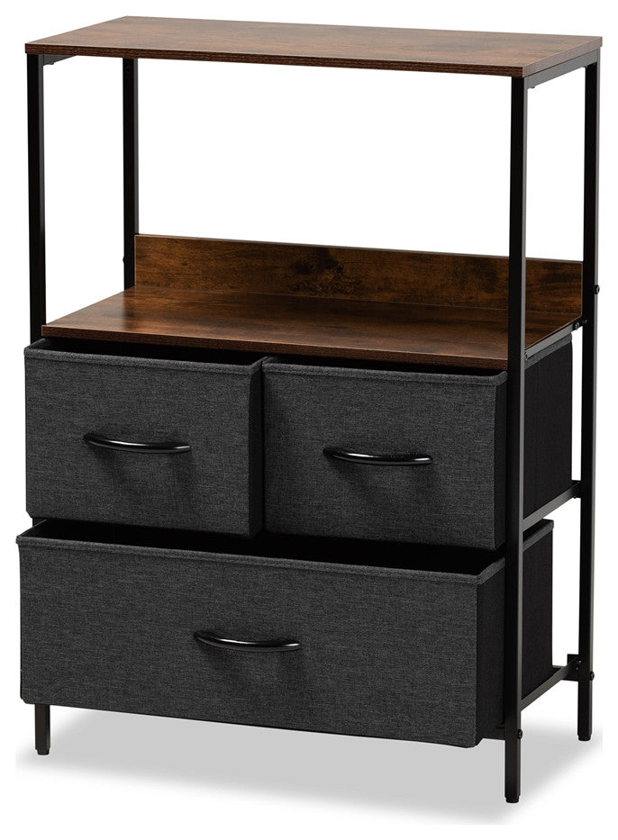 Modern Industrial Gray Fabric Walnut Brown Finished Wood 3Drawer Storage Cabinet