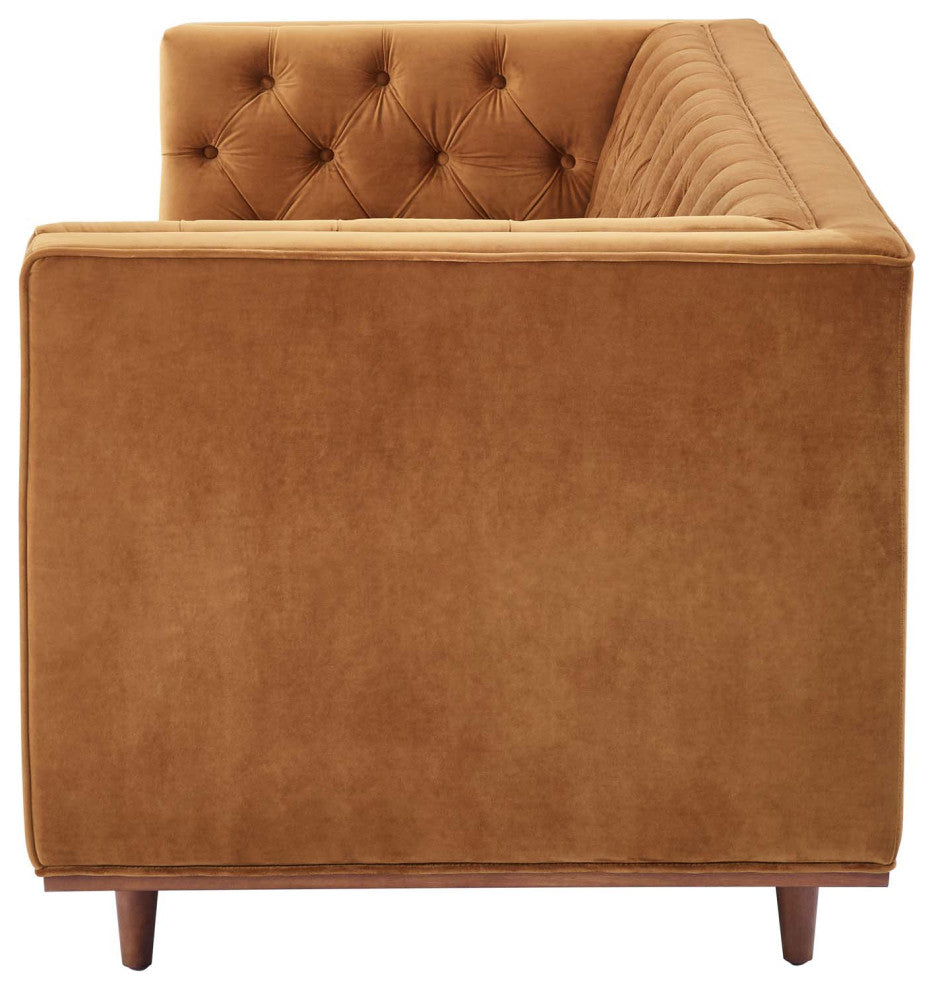 Tufted Sofa, Velvet, Brown, Modern, Living Lounge Room Hotel Lobby Hospitality
