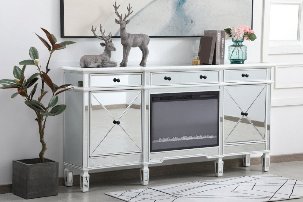 Elegant Decor MF61072AW-F2 Mirrored Credenza With Crystal Fireplace