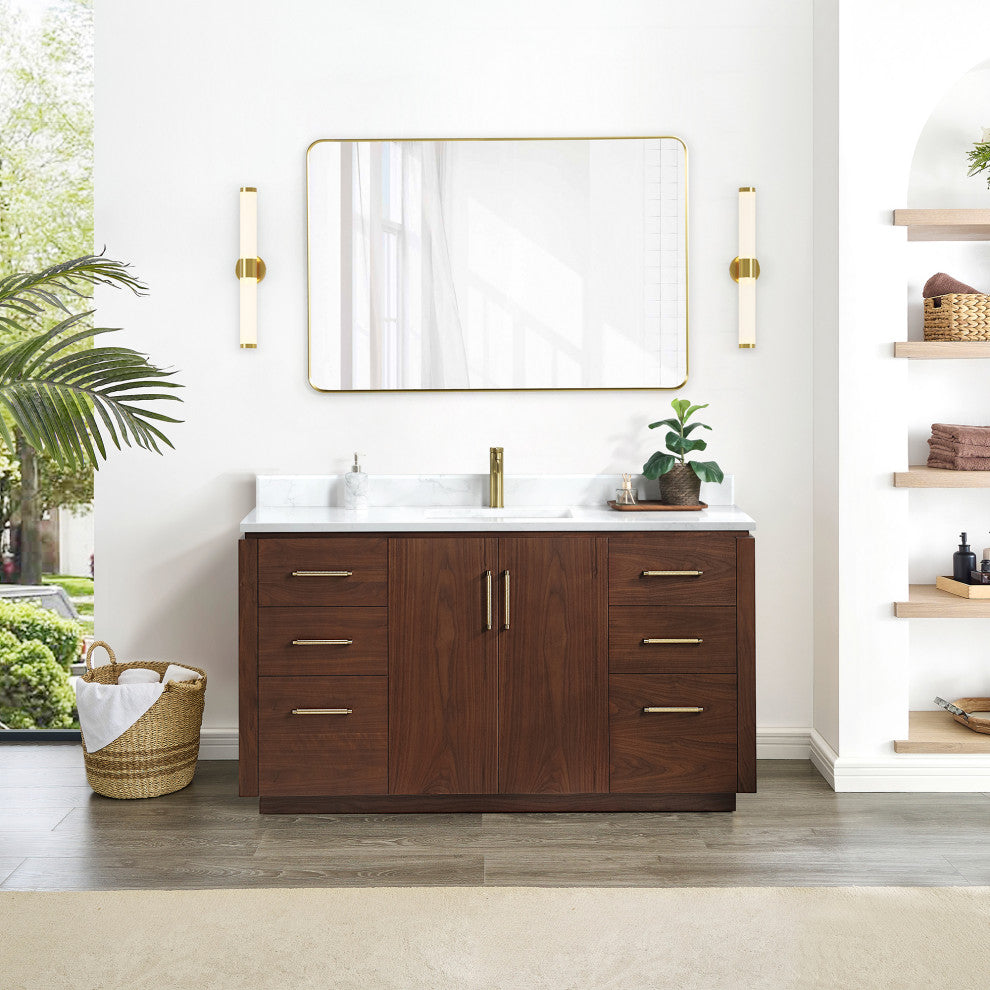 San Bath Vanity with Stone Top, Natural Walnut, 60" Single Sink, Single Vanity, No Mirror