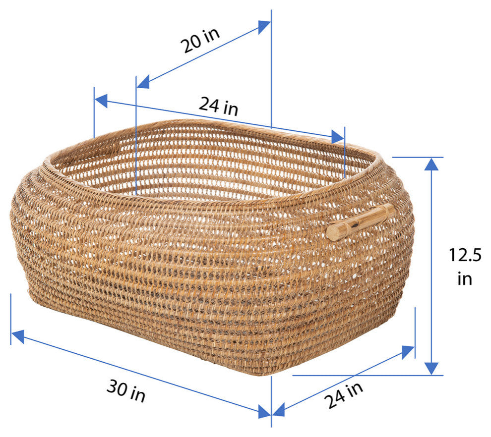 Cambria Bulging Rectangular Open Weave Storage Basket, Honey-Brown