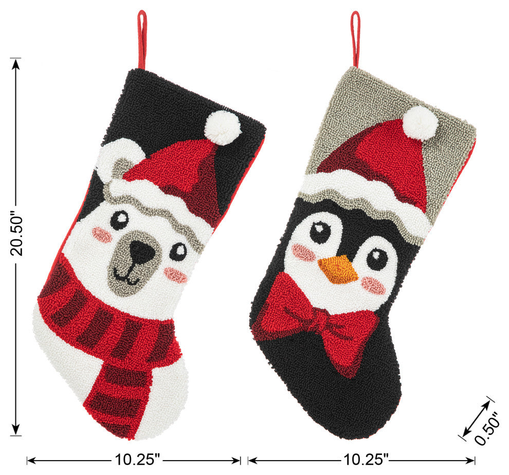 20.5"L Hooked Stocking, Polar Bear & Penguin
