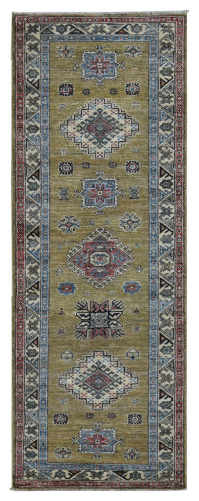 Green Hand Knotted Afghan Super Kazak Geometric Medallion Wool Rug, 2'9"x7'7"