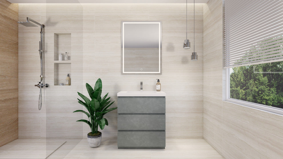 Alston 30" Free Standing Modern Vanity, Cement Gray, Glossy White Top