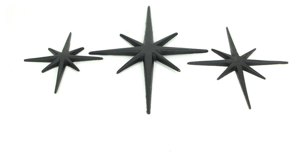 Set of 3 Black Cast Iron Starburst Wall Hangings Mid Century 8 Pointed Stars