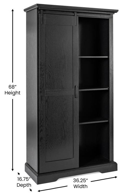 Harrison 36" Wide Rustic Bookcase with Sliding Barn Door & Adjustable Shelves, Black