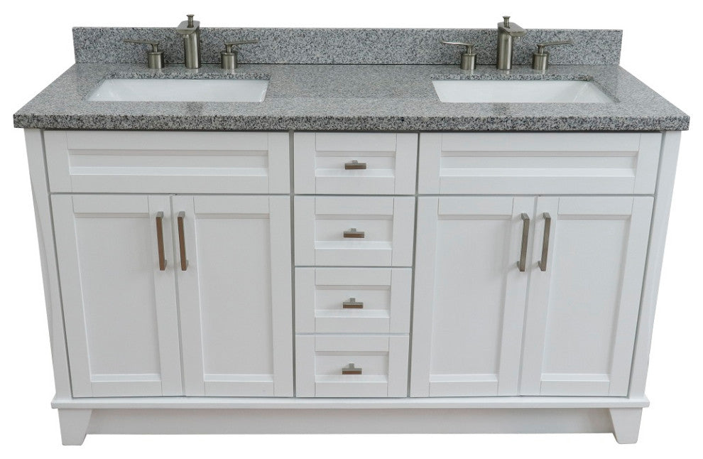 61" Double Sink Vanity, White Finish And Gray Granite And Rectangle Sink