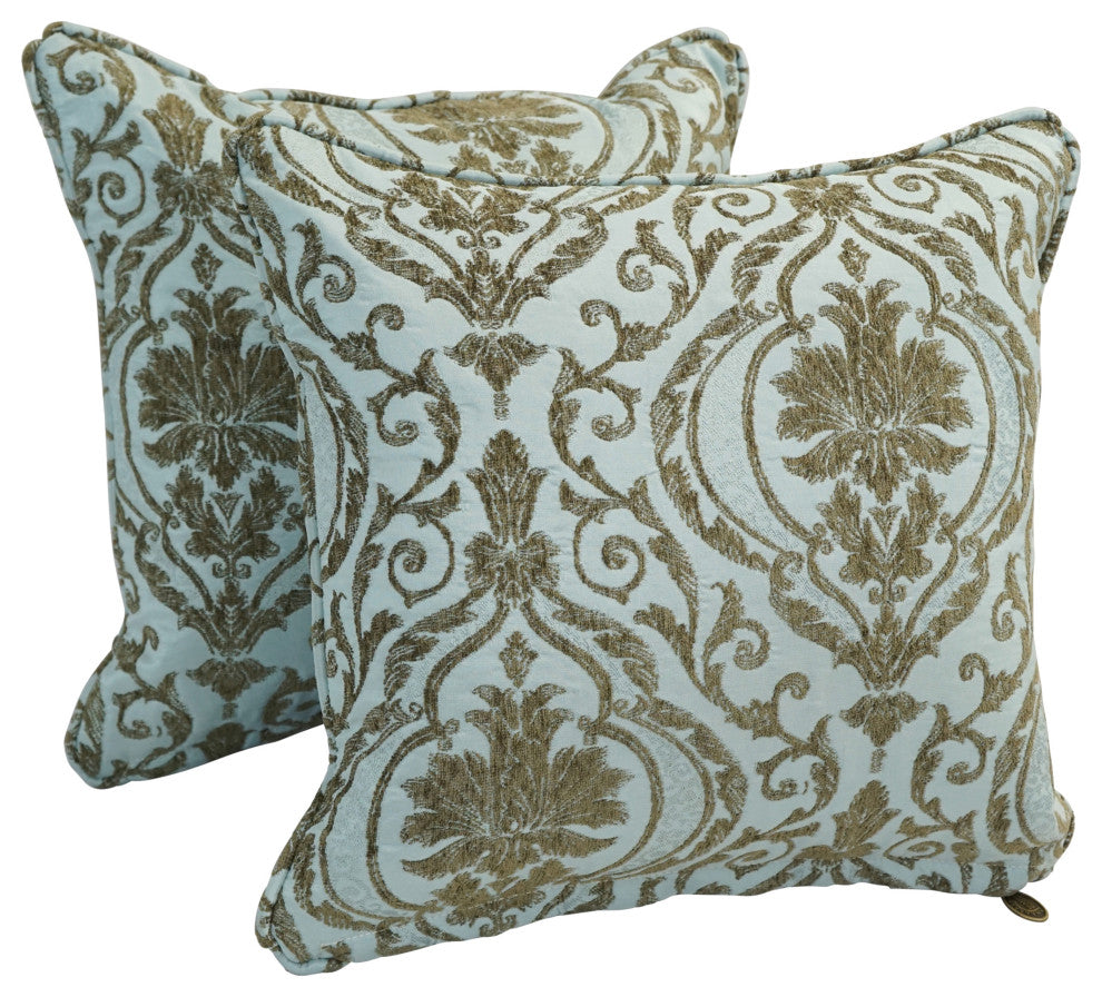 18" Double-Corded Jacquard Chenille Square Throw Pillows, Set of 2, Blue Damask