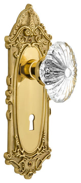 Victorian Plate With Oval Fluted Crystal Knob, Polished Brass