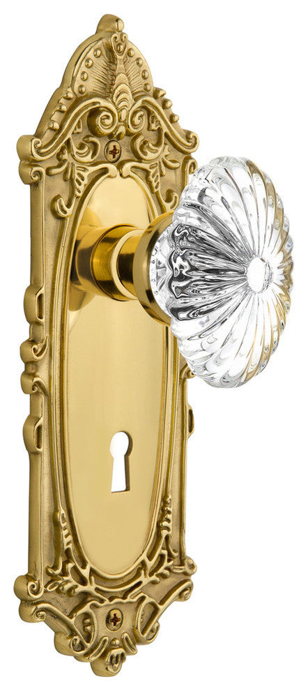 Victorian Plate With Oval Fluted Crystal Knob, Polished Brass