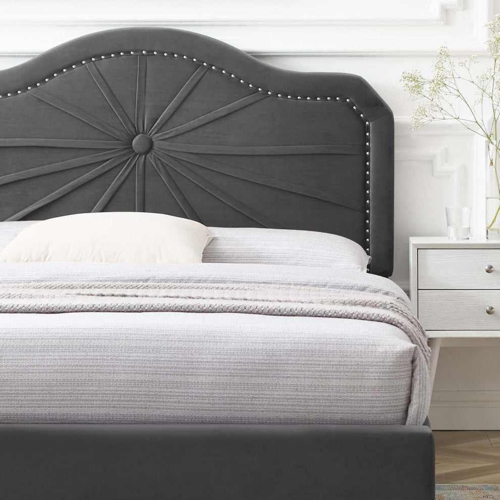 Platform Bed Frame, Queen Size, Velvet, Dark Gray, Modern Contemporary