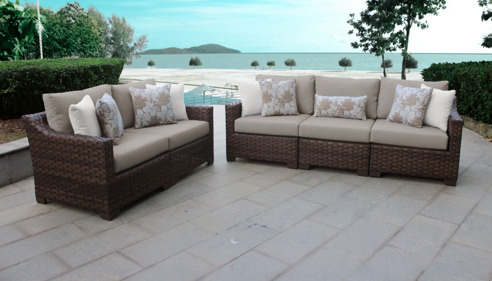 kathy ireland River Brook 5 Piece Wicker Patio Furniture Set, Almond