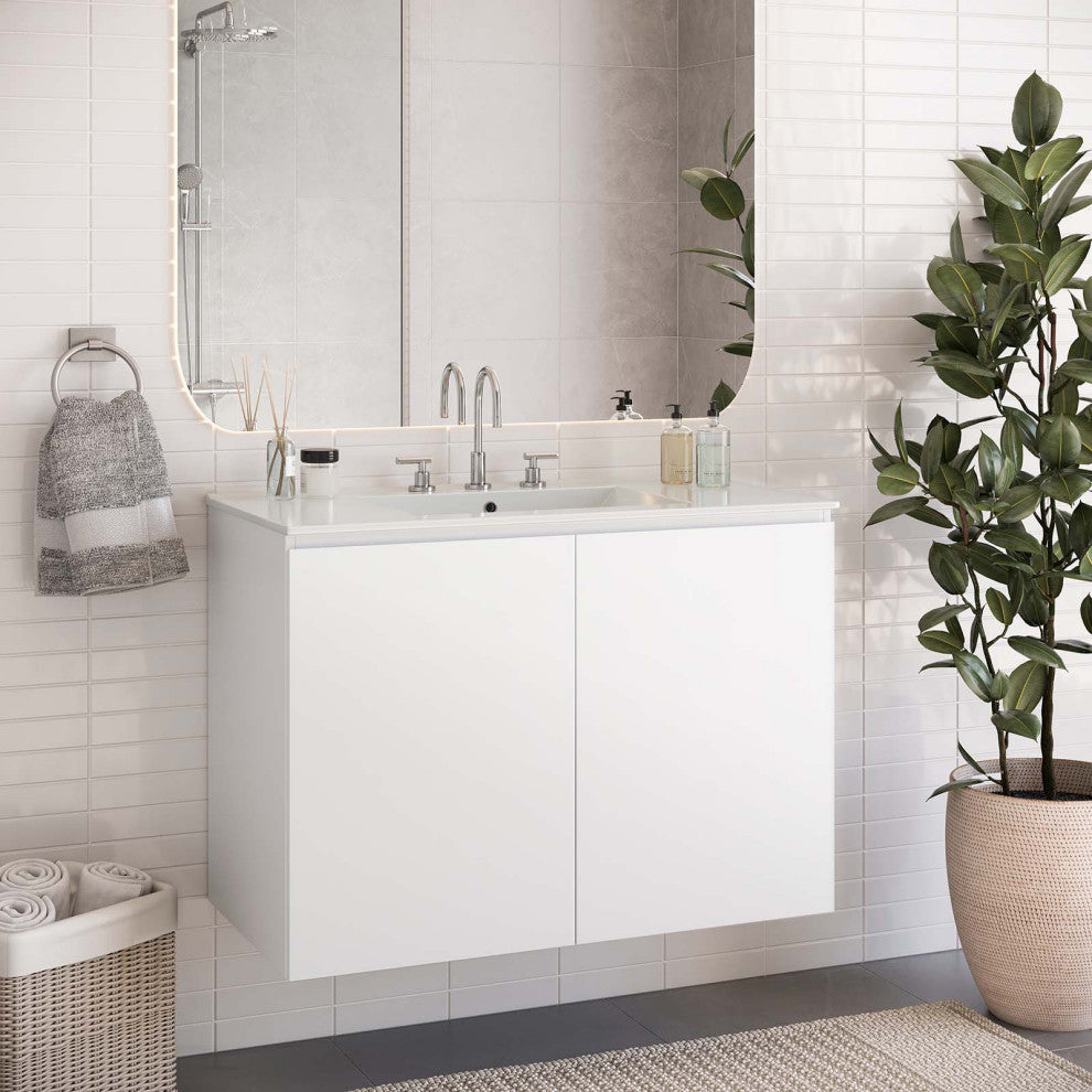 Bryn 36" Wall-Mount Bathroom Vanity, White White