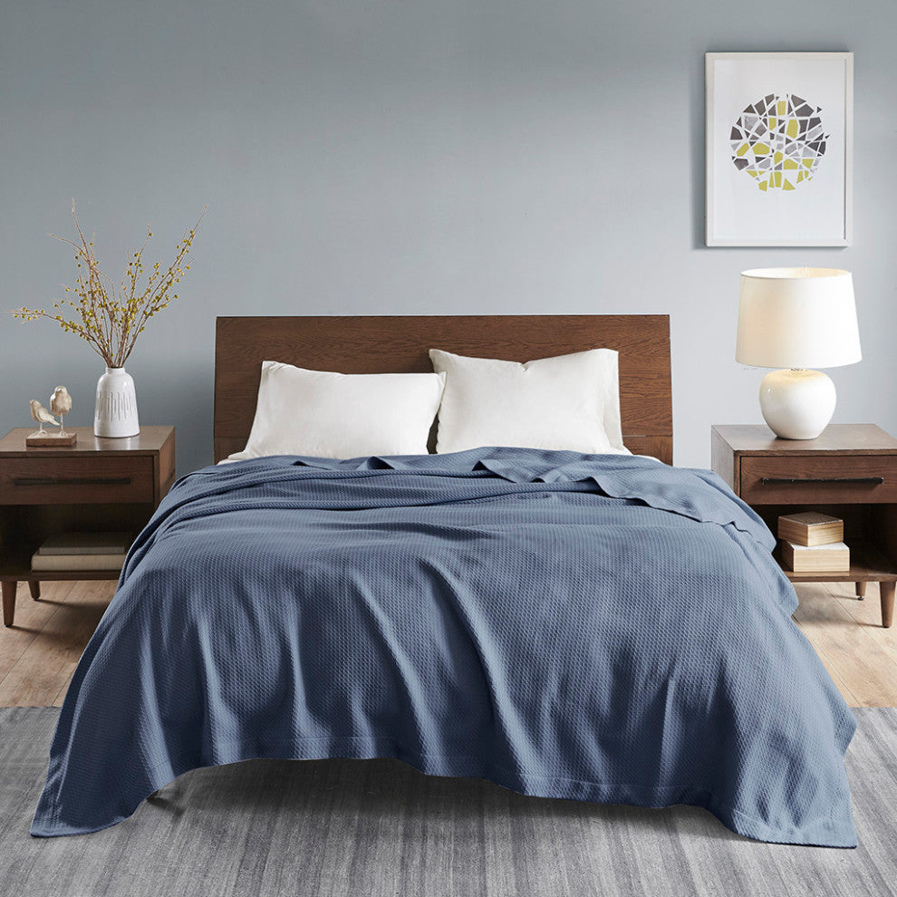 Madison Park Egyptian Cotton All-Season Woven Bedding Blanket, Navy Blue